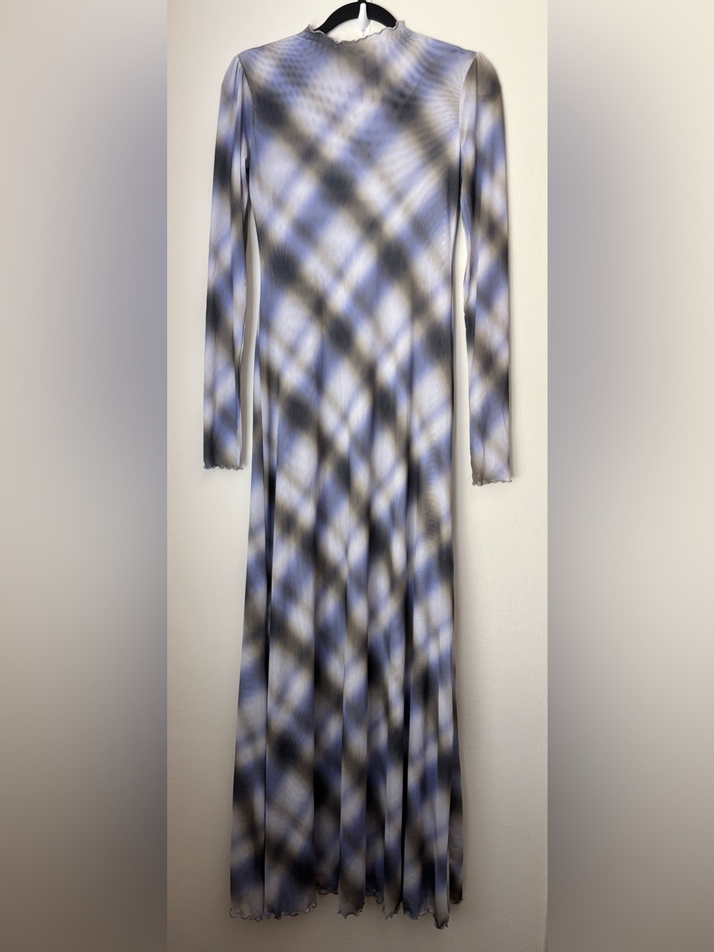RESA Lyon Plaid Maxi Dress in Blur Size Small NEW Stretch Mock Neck Lettuce Trim